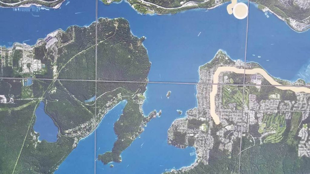 A close up view of a map tiled onto the floor of an observation platform in Vancouver