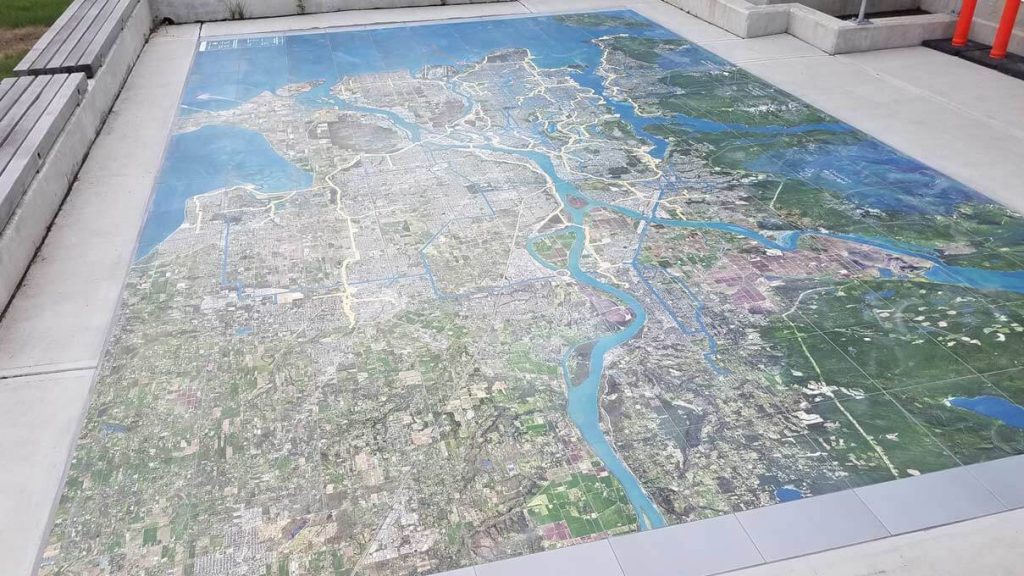 A bespoke map tiled onto the floor of an observation platform in Vancouver
